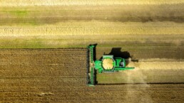 Dronefoto af grøn mejetærsker i gang med høstarbejde i dansk kornmark. Luftbillede af moderne landbrugsdrift.